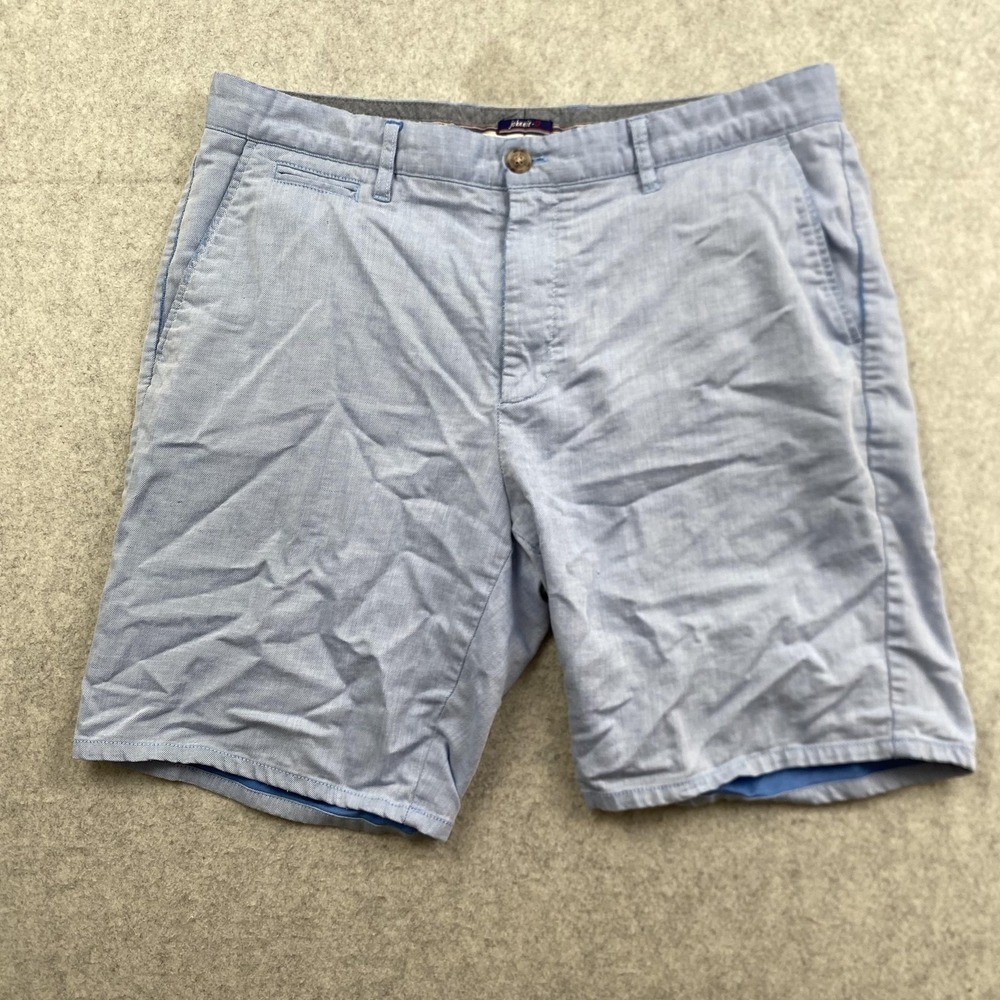 Johnnie-O Chino Shorts Mens 35x7 Blue Cotton Linen Stripe Stretch Flat Front